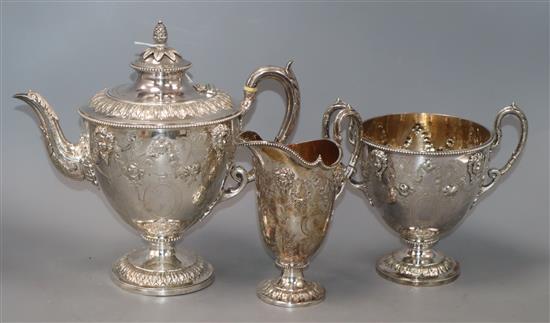 A late Victorian silver plated three tea set by Martin, Hall & Co.